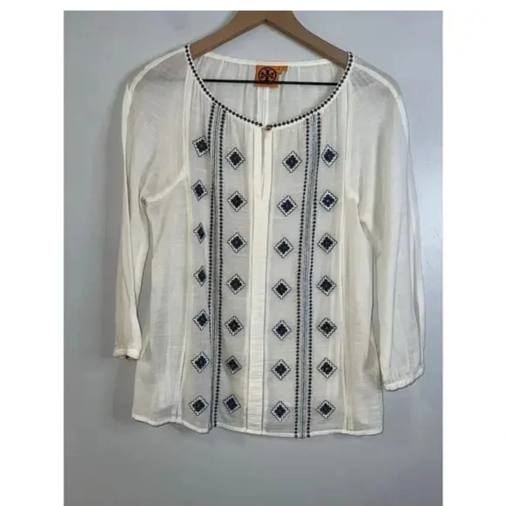 Tory Burch Lucille Top Embroidered Panel Cotton/Linen Blend
